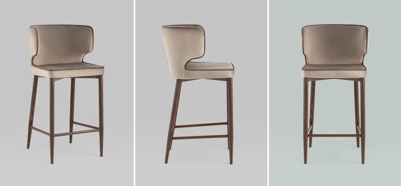 Стул Полубарный Chair посадка 65 см Бежевый Велюр с Коричневым кантом - фото