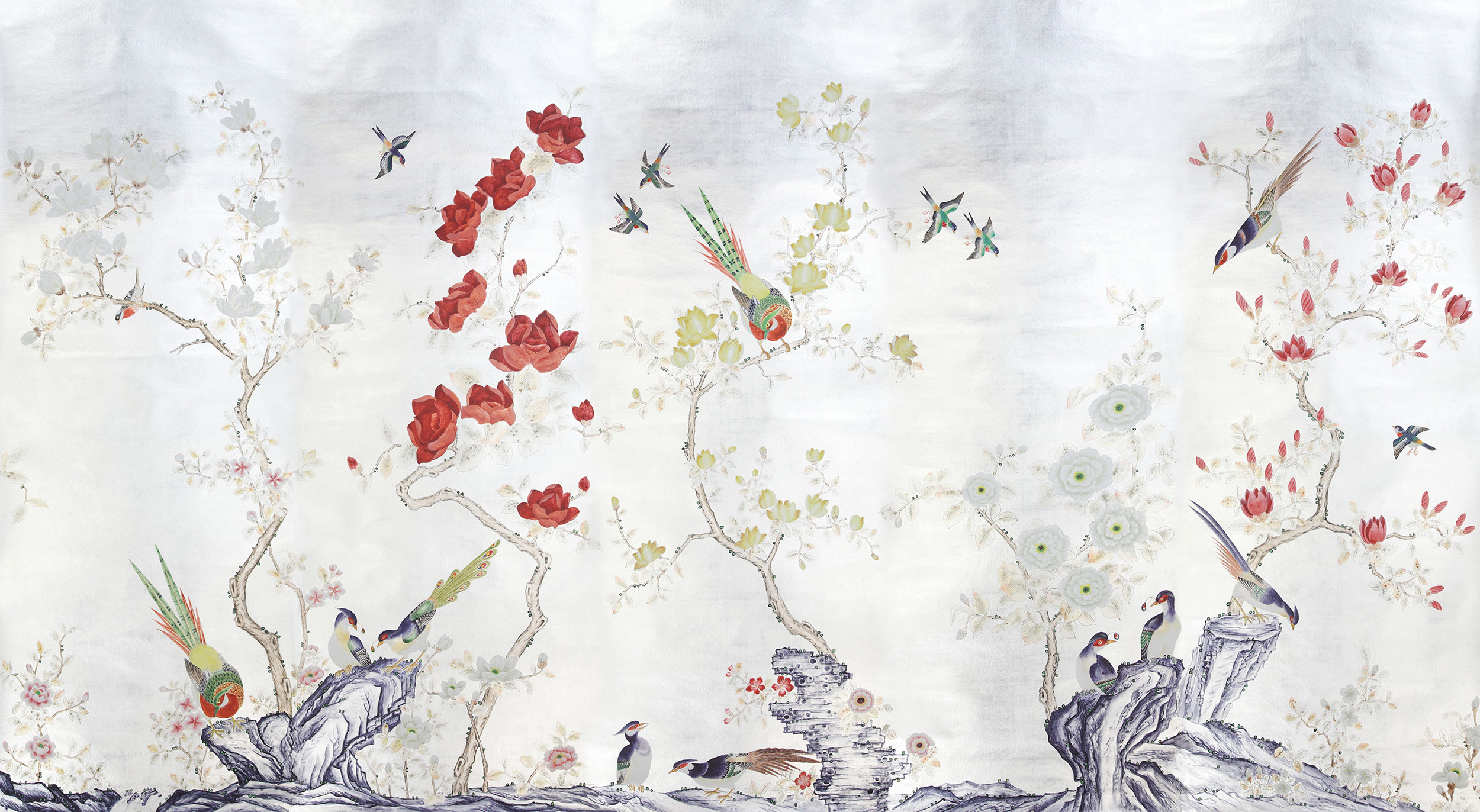 Обои шинуазри Japanese Garden Original colourway on Sterling Silver gilded Xuan paper Обои шинуазри Japanese Garden Original colourway on Sterling Silver gilded Xuan paper - постер Loft-Concept во Владивостоке