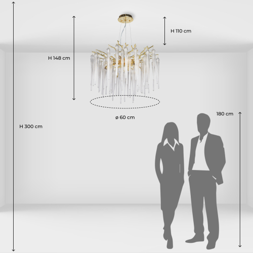 Люстра золотого цвета с декоративными ветками и длинными прозрачными стеклянными подвесами в форме сосулек Droplet Chandelier во Владивостоке