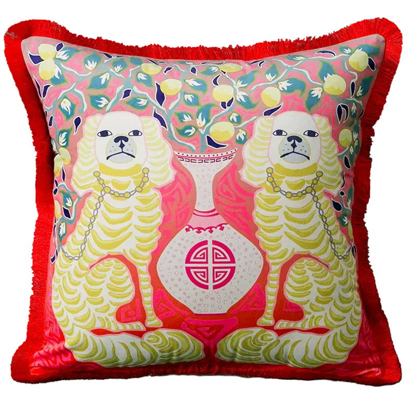 Декоративная подушка Two Dogs on Red Cushion Красный Желтый Мульти Декоративная подушка Two Dogs on Red Cushion Красный Желтый Мульти во Владивостоке | Loft Concept