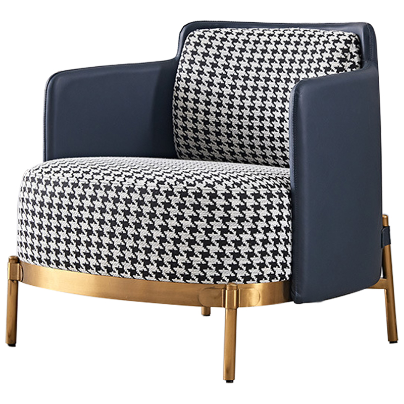 Кресло Pied de Poule Blue Armchair Синий Латунь Черно-белый во Владивостоке | Loft Concept 