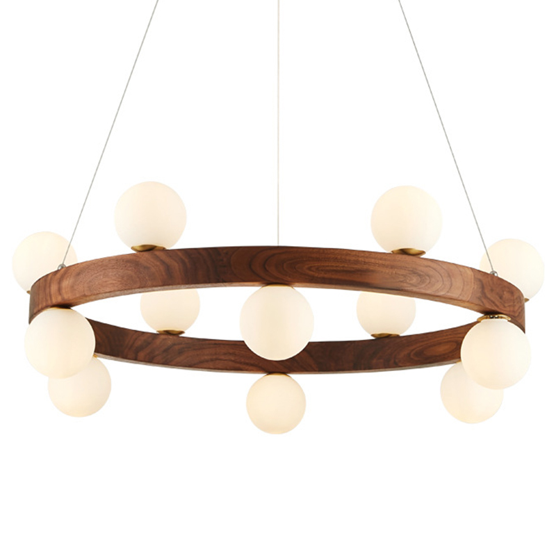 Люстра из дерева с белыми плафонами GRAND Wooden Chandelier Белое матовое стекло Коричневый Латунь Люстра из дерева с белыми плафонами GRAND Wooden Chandelier Белое матовое стекло Коричневый Латунь во Владивостоке | Loft Concept
