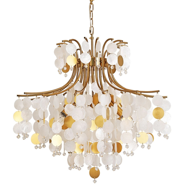 Люстра подвесная с белыми и золотыми круглыми подвесками Диаметр 70 см SHELL Chandelier Перламутровый Бронза Люстра подвесная с белыми и золотыми круглыми подвесками Диаметр 70 см SHELL Chandelier Перламутровый Бронза во Владивостоке | Loft Concept