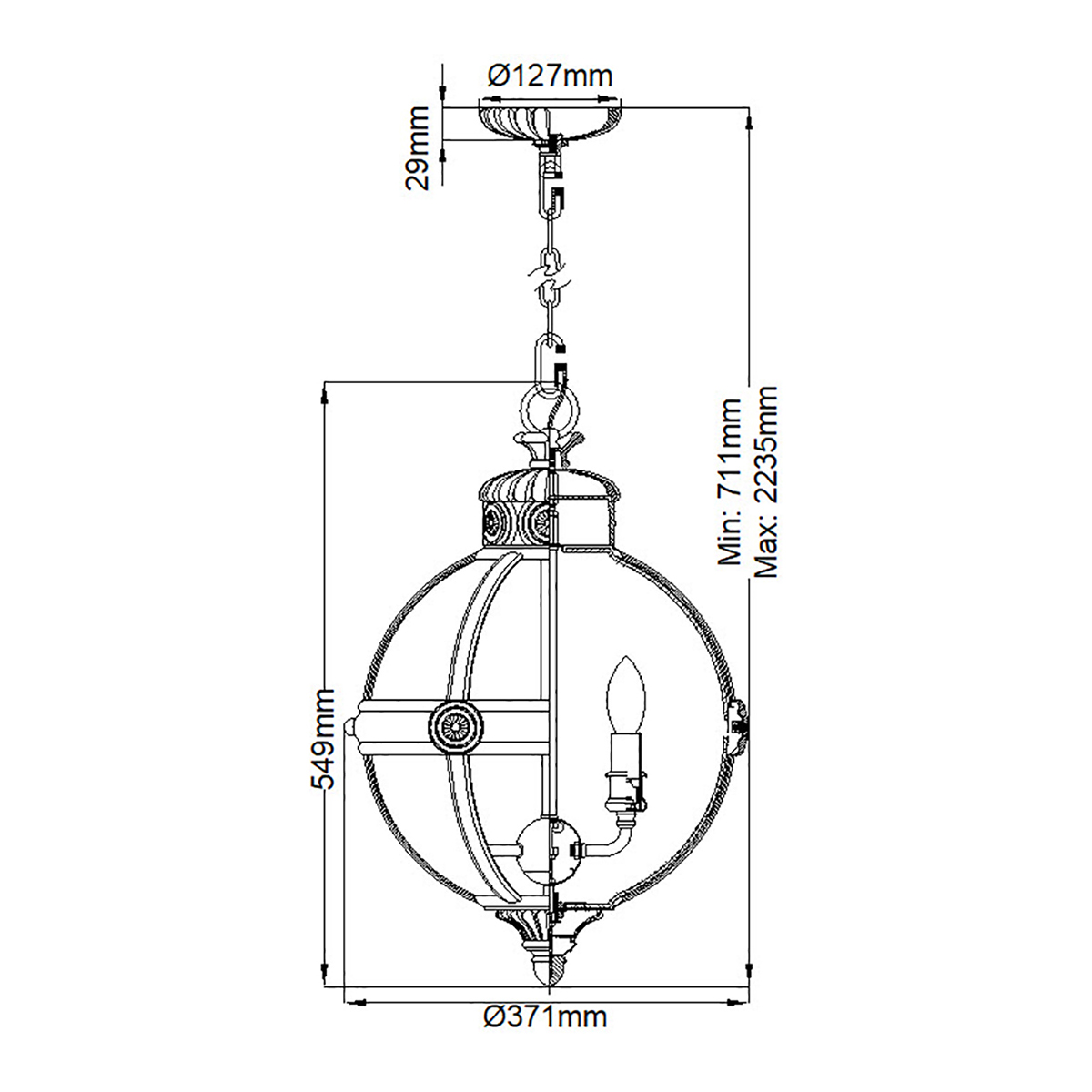 Подвесной светильник с прозрачным стеклянным плафоном в форме шара цвета никеля в индустриальном стиле на цепи 3 лампы Feiss во Владивостоке