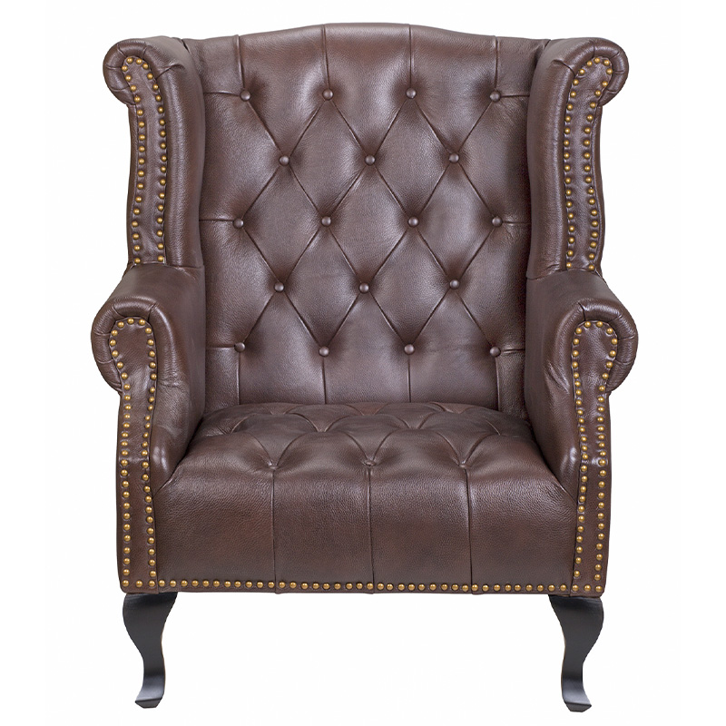 Кресло из натуральной кожи на 4-х деревянных ножках из массива бука Thomas Armchair brown Коричневый Черный во Владивостоке | Loft Concept 