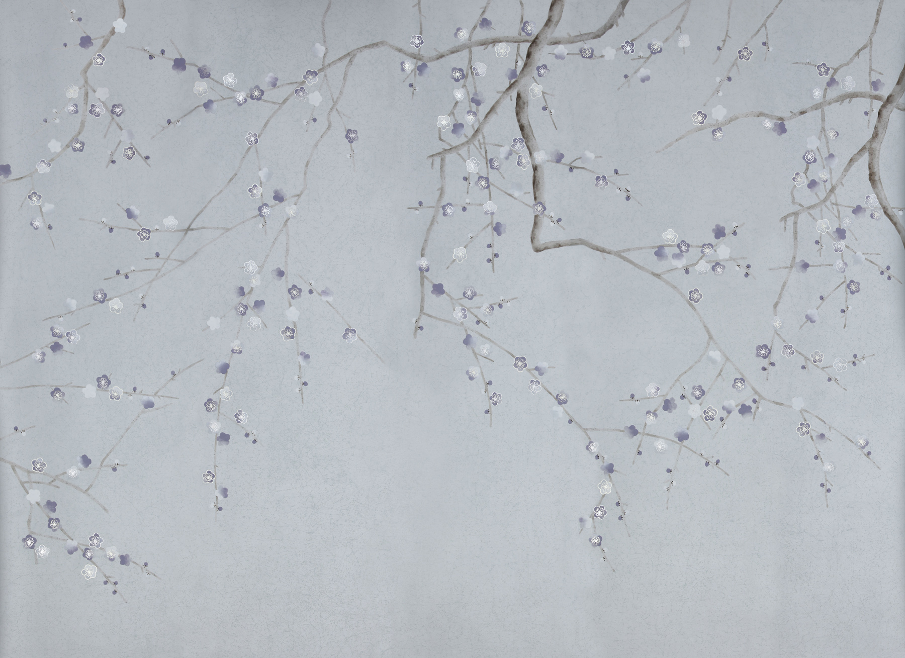 Обои ручная роспись Plum Blossom Special Colourway on Crackled Silver metallic silk Обои ручная роспись Plum Blossom Special Colourway on Crackled Silver metallic silk - постер Loft-Concept во Владивостоке