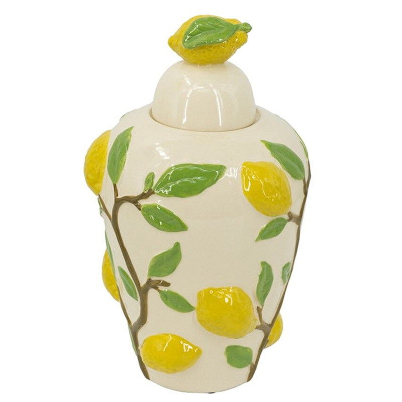 Ваза с крышкой кремового цвета и объемным рисунком лимонов и листьев Lemon Delight Кремовый Желтый Коричневый Зеленый во Владивостоке | Loft Concept 
