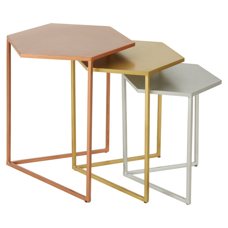 Комплект из 3-х приставных столиков Trio Hexagon Side Tables Медь Золотой Серебряный Комплект из 3-х приставных столиков Trio Hexagon Side Tables Медь Золотой Серебряный во Владивостоке | Loft Concept