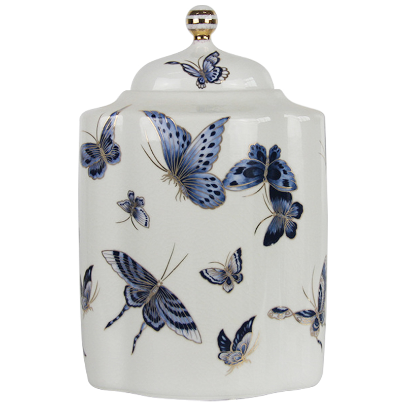 Ваза с крышкой Porcelain Butterfly Blue and Gold Vase Белый Синий Золотой Ваза с крышкой Porcelain Butterfly Blue and Gold Vase Белый Синий Золотой во Владивостоке | Loft Concept