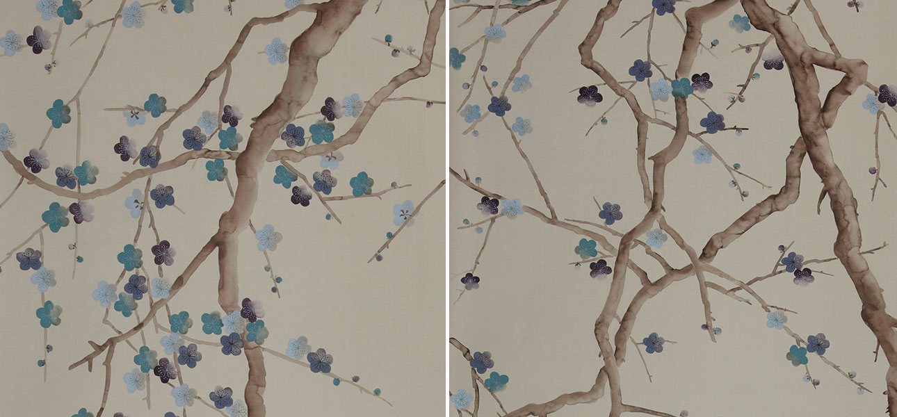 Обои ручная роспись Plum Blossom Colourway SC-81 on Pale Grey dyed silk - фото