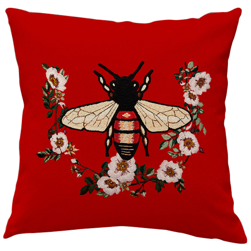Декоративная подушка Стиль Gucci Bee Red Красный Бежевый Черный Декоративная подушка Стиль Gucci Bee Red Красный Бежевый Черный во Владивостоке | Loft Concept