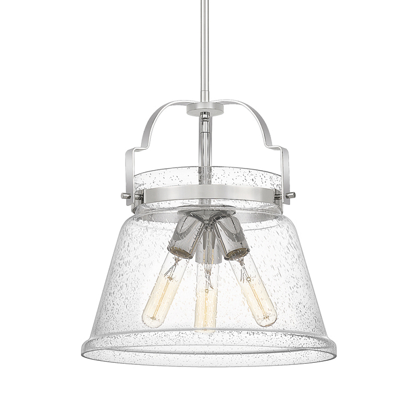 Подвесной светильник с прозрачным стеклянным плафоном в форме колокола с эффектом пузырьков и тремя лампами Quoizel Хром Латунь Прозрачное Стекло во Владивостоке | Loft Concept 