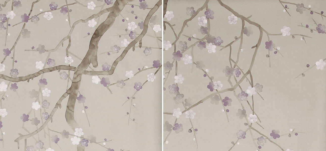 Обои ручная роспись Plum Blossom Special Colourway on Oyster Shell metallic silk - Loft-Concept во Владивостоке