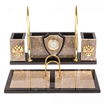 Настольный письменный набор из бежевого мрамора с часами и гербом Marble Accessory варинант исполнения - 1 | Loft Concept во Владивостоке
