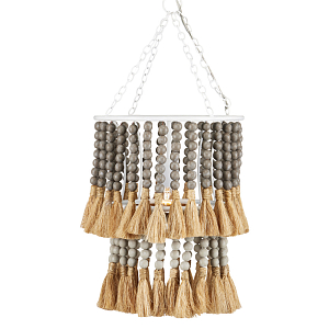 Подвесной светильник двухъярусный с декором из круглых деревянных бусин с кисточками Gray Brown Wooden Beads Chandelier