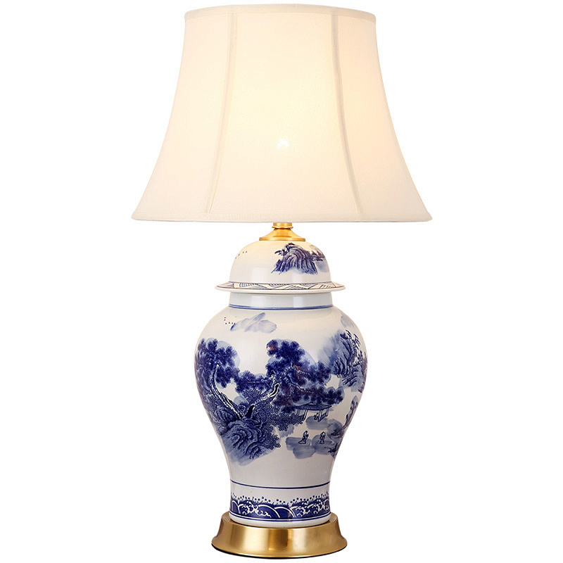 Настольная лампа с абажуром Blue Chinoiserie Table Lampshade Бежевый Белый Синий Золотой Настольная лампа с абажуром Blue Chinoiserie Table Lampshade Бежевый Белый Синий Золотой во Владивостоке | Loft Concept