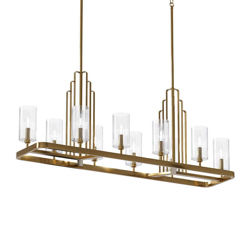 Люстра прямоугольная цвета латунь с прозрачными рифлеными цилиндрическими плафонами Kichler Латунь Прозрачное Стекло Никель во Владивостоке | Loft Concept 
