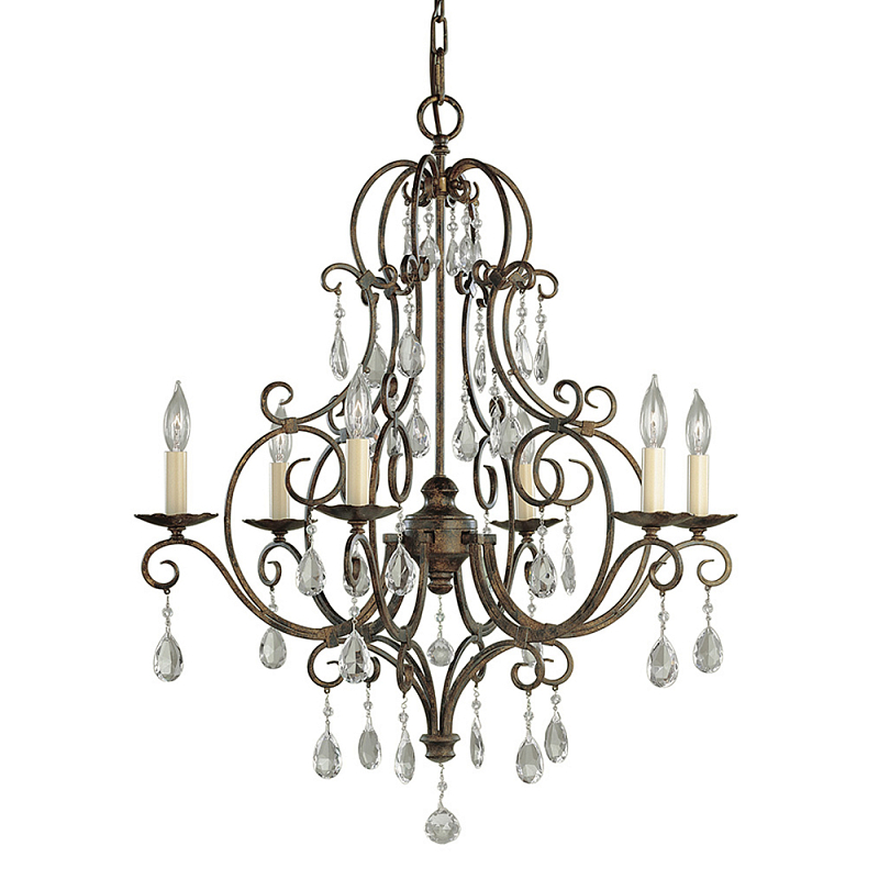 Люстра бронзового цвета с 6-ю лампами и подвесками из оптического стекла в классическом стиле Feiss Бронза Кремовый Прозрачное Стекло во Владивостоке | Loft Concept 