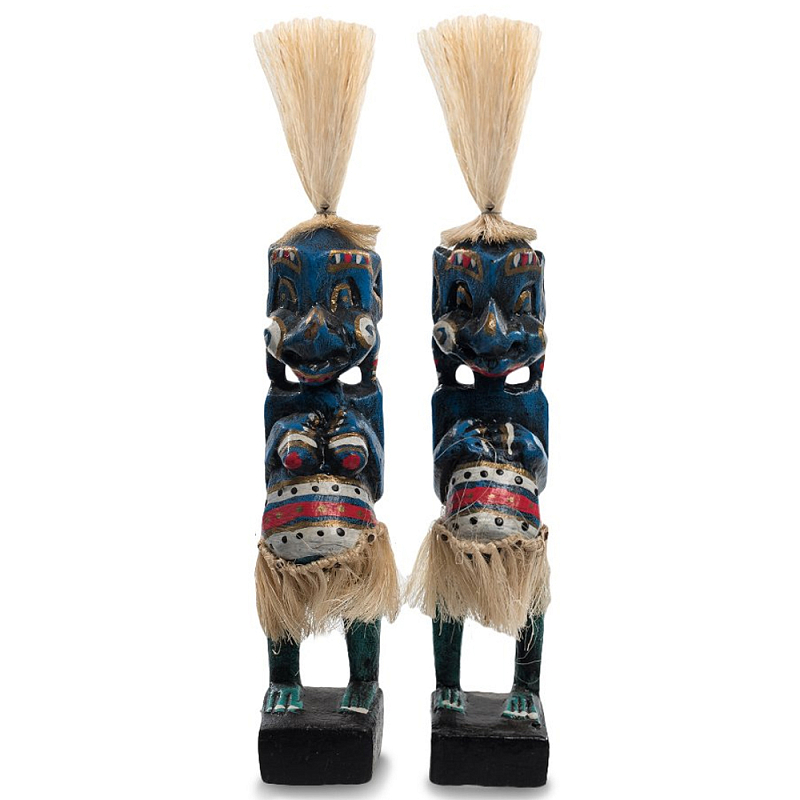 Комплект из 2-х деревянных статуэток Asmat Straw Headdress Statuettes Blue Colorful Tattoo Синий Черный Бежевый Красный Бирюзовый Мульти во Владивостоке | Loft Concept 