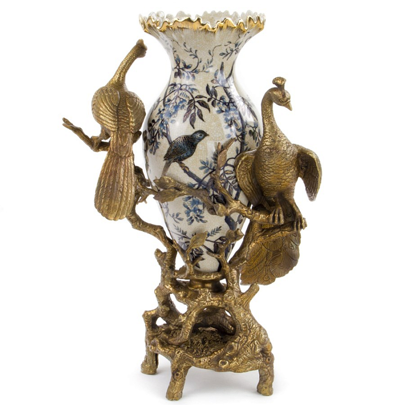 Ваза Bronze Peacocks Vase Белый Бронза Синий Ваза Bronze Peacocks Vase Белый Бронза Синий во Владивостоке | Loft Concept