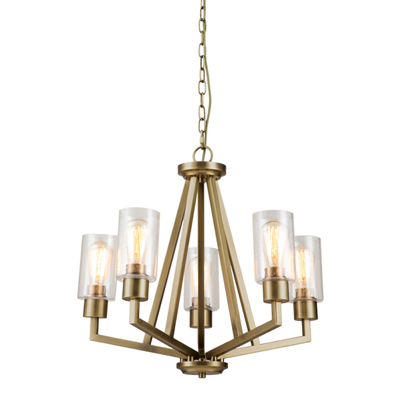Люстра цвета латунь с 5-ю цилиндрическими плафонами из прозрачного пузырчатого стекла Kichler Латунь Прозрачное Стекло во Владивостоке | Loft Concept 