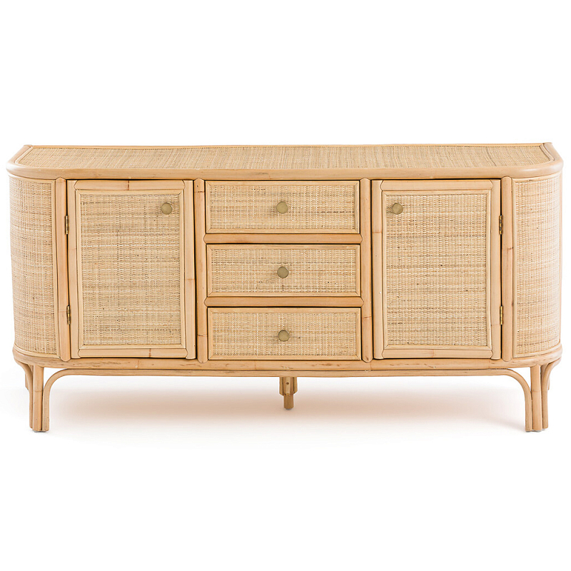 Длинный комод из ротанга с дверцами и ящиками Simone Rattan Chest of Drawers Древесина Латунь Длинный комод из ротанга с дверцами и ящиками Simone Rattan Chest of Drawers Древесина Латунь во Владивостоке | Loft Concept
