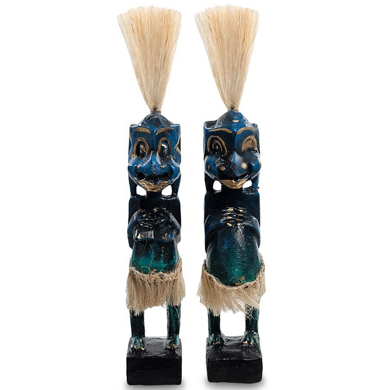 Комплект из 2-х деревянных статуэток Asmat Straw Headdress Statuettes Blue Синий Бирюзовый Бежевый Комплект из 2-х деревянных статуэток Asmat Straw Headdress Statuettes Blue Синий Бирюзовый Бежевый во Владивостоке | Loft Concept