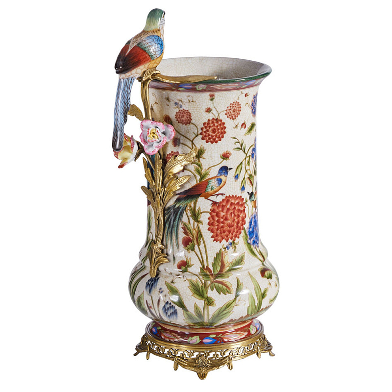 Ваза фарфоровая с птицей на бронзовой ветке и цветочной росписью Garden of Eden Бронза Мульти во Владивостоке | Loft Concept 