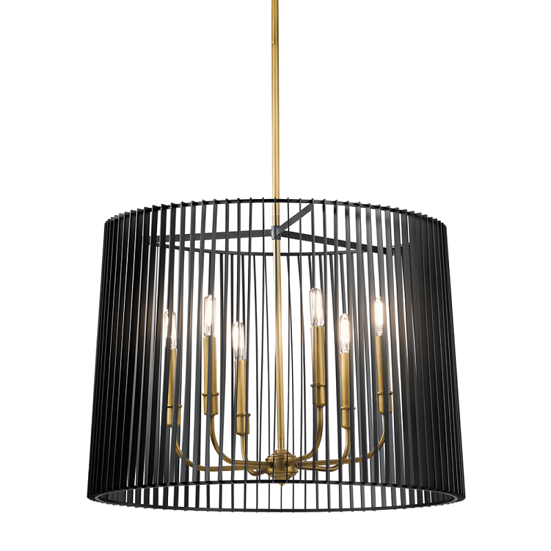 Люстра цвета латунь с 6-ю лампами свечами внутри цилиндрического абажура из черных металлических реек Kichler Латунь Черный во Владивостоке | Loft Concept 