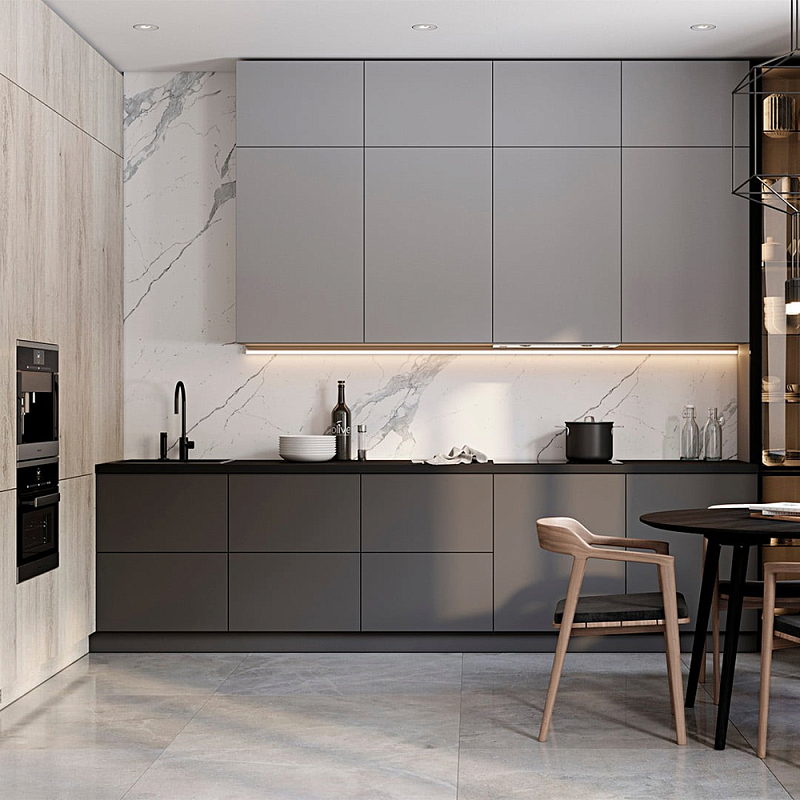 Серый кухонный гарнитур с фасадом под светлый дуб Ferrand Kitchen Set Серый Белый Мрамор Bianco Светлый дуб Темно-серый Серый кухонный гарнитур с фасадом под светлый дуб Ferrand Kitchen Set Серый Белый Мрамор Bianco Светлый дуб Темно-серый во Владивостоке | Loft Concept