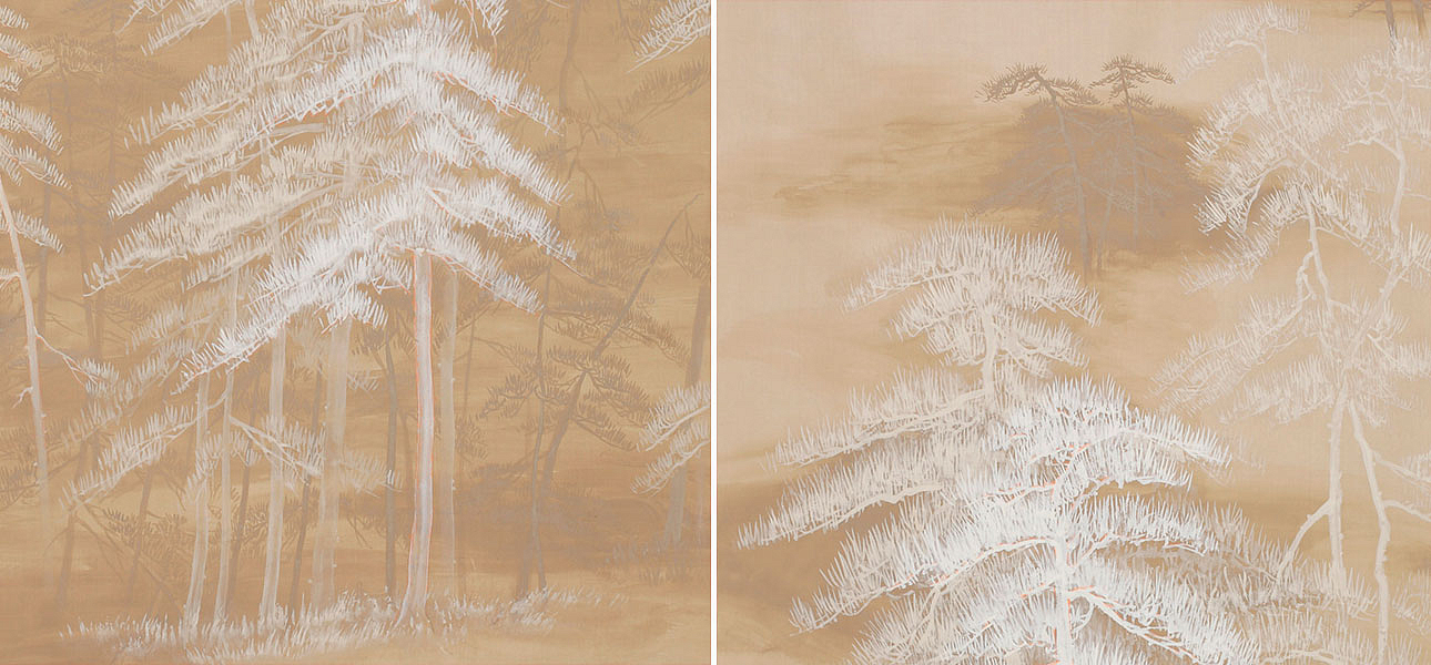 Обои ручная роспись Abstract Pines Original colourway on Stone Ochre dyed silk Обои ручная роспись Abstract Pines Original colourway on Stone Ochre dyed silk - Loft-Concept во Владивостоке