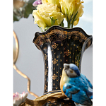 Ваза черная фарфоровая с  узором и бронзовым декором в виде веток с фарфоровой птичкой и цветами Eden Garden варинант исполнения - 4 | Loft Concept во Владивостоке