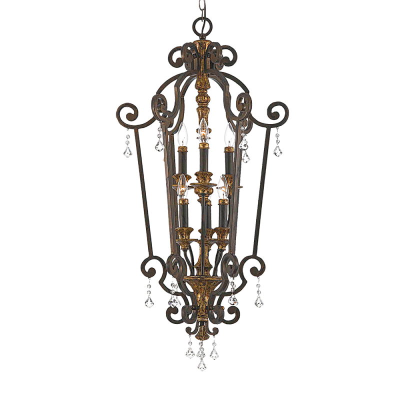 Люстра бронзового цвета с 6-ю лампами и стеклянными подвесками в классическом стиле Quoizel Бронза Прозрачное Стекло Золотой во Владивостоке | Loft Concept 