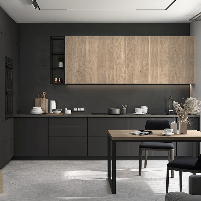 Черный матовый кухонный гарнитур с фасадом под дерево Renart Kitchen Set Черный матовый Древесина Черный матовый кухонный гарнитур с фасадом под дерево Renart Kitchen Set Черный матовый Древесина во Владивостоке | Loft Concept