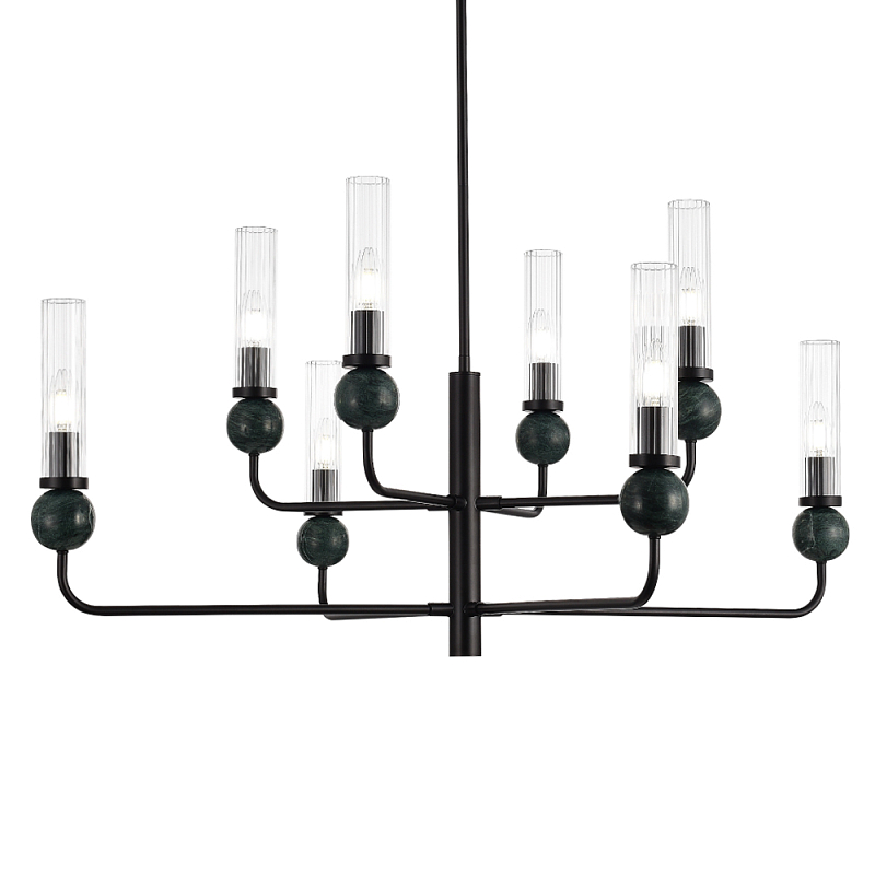 Люстра с 8-ю плафонами в форме стеклянных трубок и мраморных декоративных элементов Montreal Белый Черный Прозрачный Латунь во Владивостоке | Loft Concept 