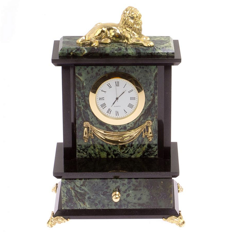 Часы настольные с декором в виде льва из натурального камня Нефрит Lion Stone Clock Черный Зеленый Бронза во Владивостоке | Loft Concept 
