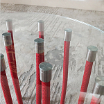 Дизайнерский журнальный стол с круглой прозрачной столешницей и основанием в виде красных металлических тросов Wires варинант исполнения - 5 | Loft Concept во Владивостоке