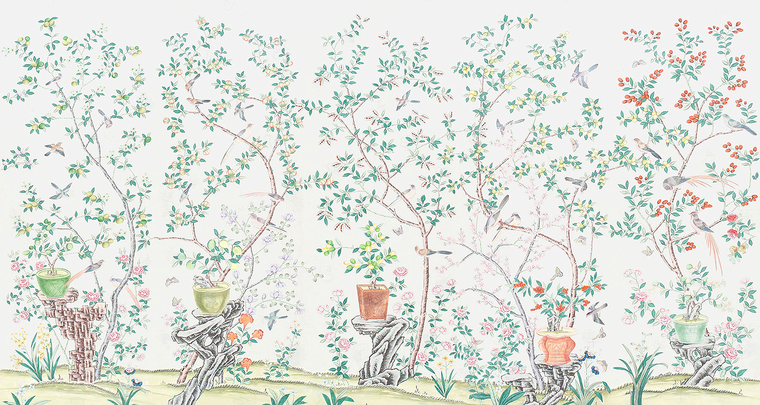 Обои ручная роспись Jardinieres & Citrus Trees Natural Mica Обои ручная роспись Jardinieres & Citrus Trees Natural Mica - Loft-Concept во Владивостоке