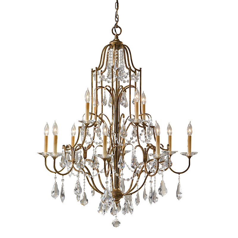 Люстра многоярусная с 12-ю лампами и стеклянными подвесками в классическом стиле Feiss Бронза Прозрачное Стекло во Владивостоке | Loft Concept 