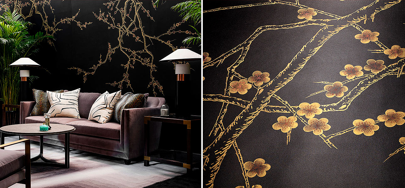 Обои ручная роспись Plum Blossom Colourway SC-226 on black painted silk Обои ручная роспись Plum Blossom Colourway SC-226 on black painted silk - Loft-Concept во Владивостоке