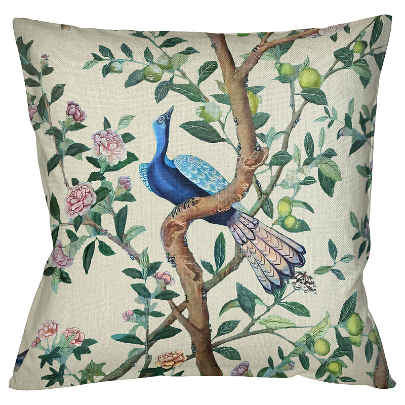 Подушка декоративная с изображением птицы в саду Beige Chinoiserie Blue Bird in the Garden Cushion Мульти Бежевый Подушка декоративная с изображением птицы в саду Beige Chinoiserie Blue Bird in the Garden Cushion Мульти Бежевый во Владивостоке | Loft Concept