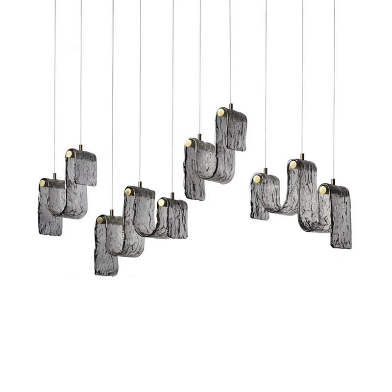 Подвесной светильник линейный с плафонами волнистой формы из фактурного стекла Big Wave Дымчатый (Smoke) Янтарный во Владивостоке | Loft Concept 