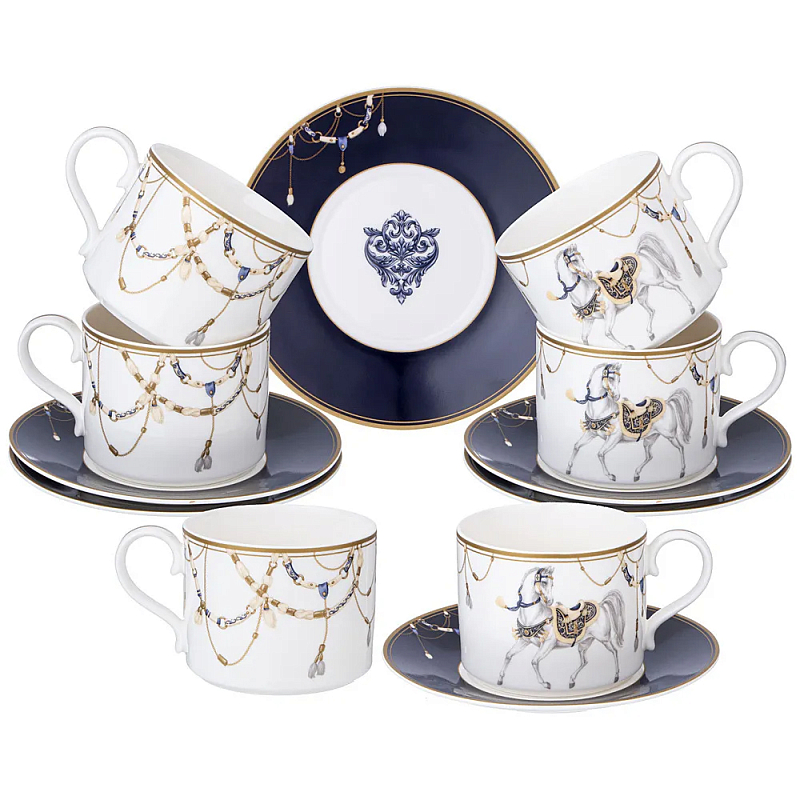 Чайный набор из фарфора с изображением лошадей на 6 персон 12 предметов Porcelain Horse Set Белый Синий Чайный набор из фарфора с изображением лошадей на 6 персон 12 предметов Porcelain Horse Set Белый Синий во Владивостоке | Loft Concept