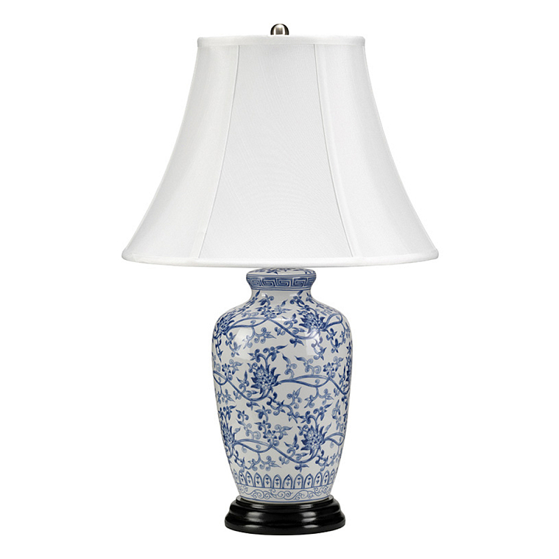 Настольная лампа с фарфоровым основанием с декоративным орнаментом и белым абажуром на темной круглой подставке Elstead Lighting Белый Синий Никель Черный Золотой Серебряный во Владивостоке | Loft Concept 