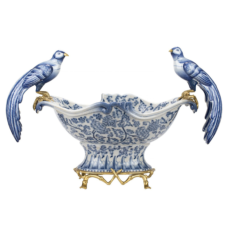 Фарфоровая чаша с птицами Blue and White Синий Бронза Белый Фарфоровая чаша с птицами Blue and White Синий Бронза Белый во Владивостоке | Loft Concept
