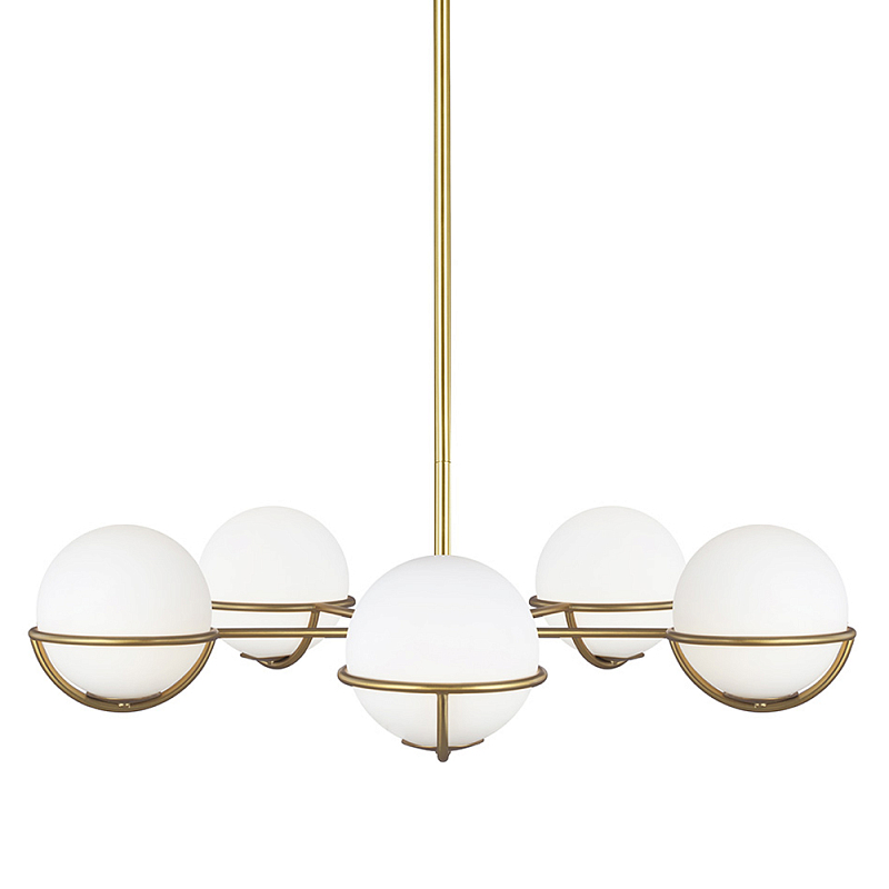 Люстра с 5-ю белыми шарообразными плафонами в сферические каркасах Feiss Латунь Белый во Владивостоке | Loft Concept 