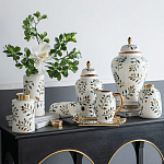 Ваза белая с крышкой с рисунком зеленых и золотых листьев 48 см Chinoiserie Ceramics варинант исполнения - 5 | Loft Concept во Владивостоке
