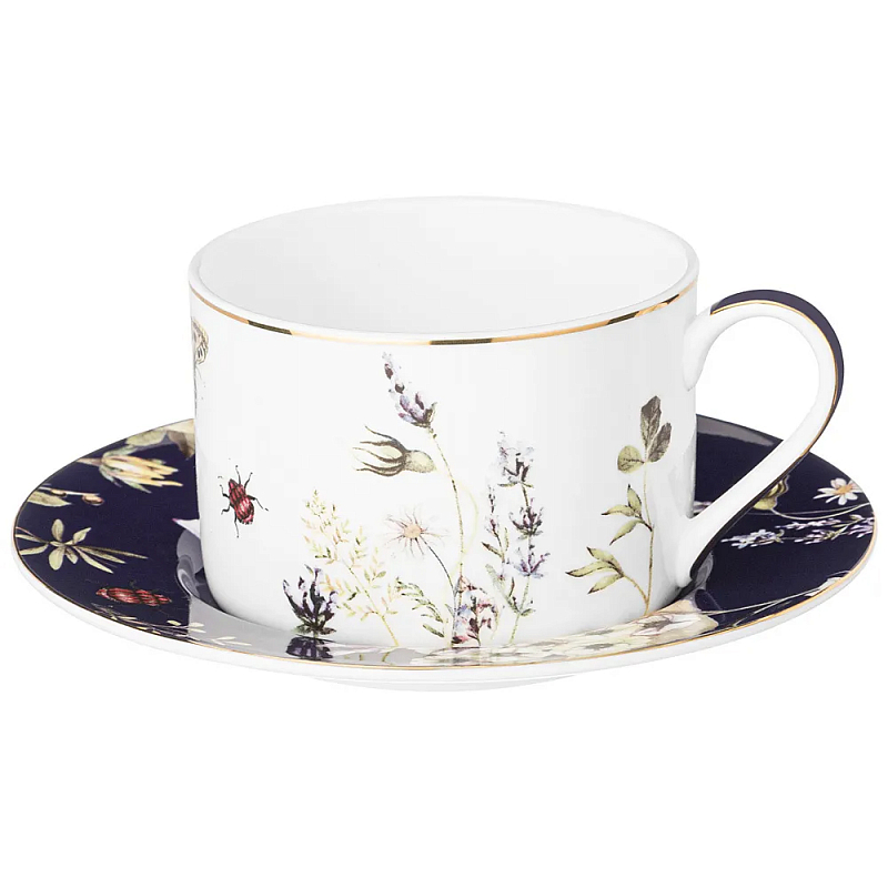 Чайная пара из фарфора с рисунком цветов 190 мл Garden Whisper Porcelain Set  Белый Темно-синий Мульти во Владивостоке | Loft Concept 