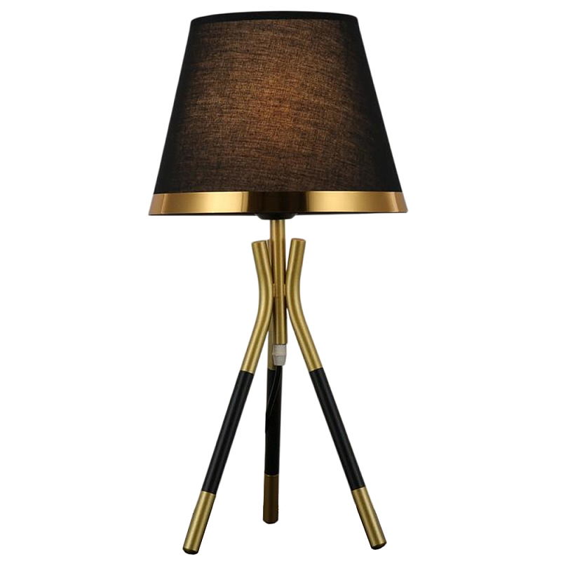 Настольная лампа с коричневым тканевым абажуром Black Tripod Черный Золотой Коричневый во Владивостоке | Loft Concept 