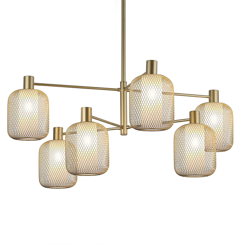 Люстра потолочная с абажурами из металлической сетки Loft Grid Pendant Gold Черный Золотой во Владивостоке | Loft Concept 